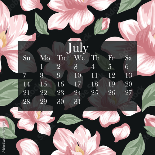 floral design for July 2024 month calendar with blooming magnolia tree, namely open flower bud, unopened bud and green tree leaves in spring time, vector