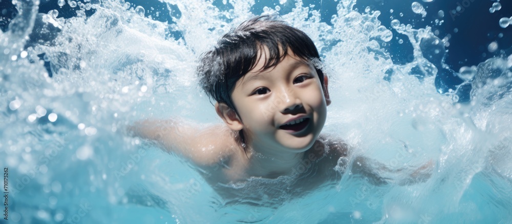 Asia cute boy practicing swimming in pool with foam, enjoying active and refreshing exercise during summer holiday.