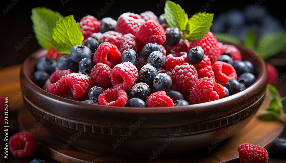 Fresh berry fruit bowl on rustic wooden table generated by AI Fresh berry fruit bowl on rustic wooden table generated by AI