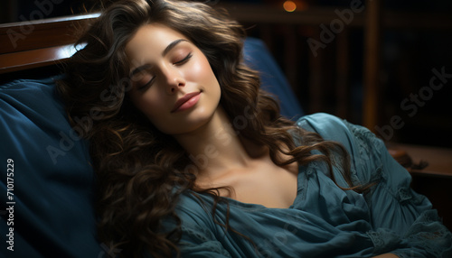 Young woman with long brown hair, lying on bed generated by AI © Jemastock
