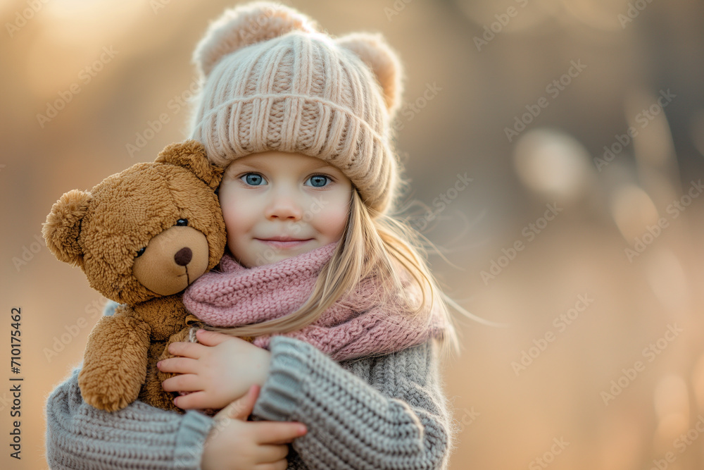 Cute little girl in knitted hat, sweater and scarf smiling and holding a soft bear on blurred background. Concept for advertising toys or children's knitted things. Cute little girl in knitted hat, sweater and scarf smiling and holding a soft bear on blurred background. Concept for advertising toys or children's knitted things.