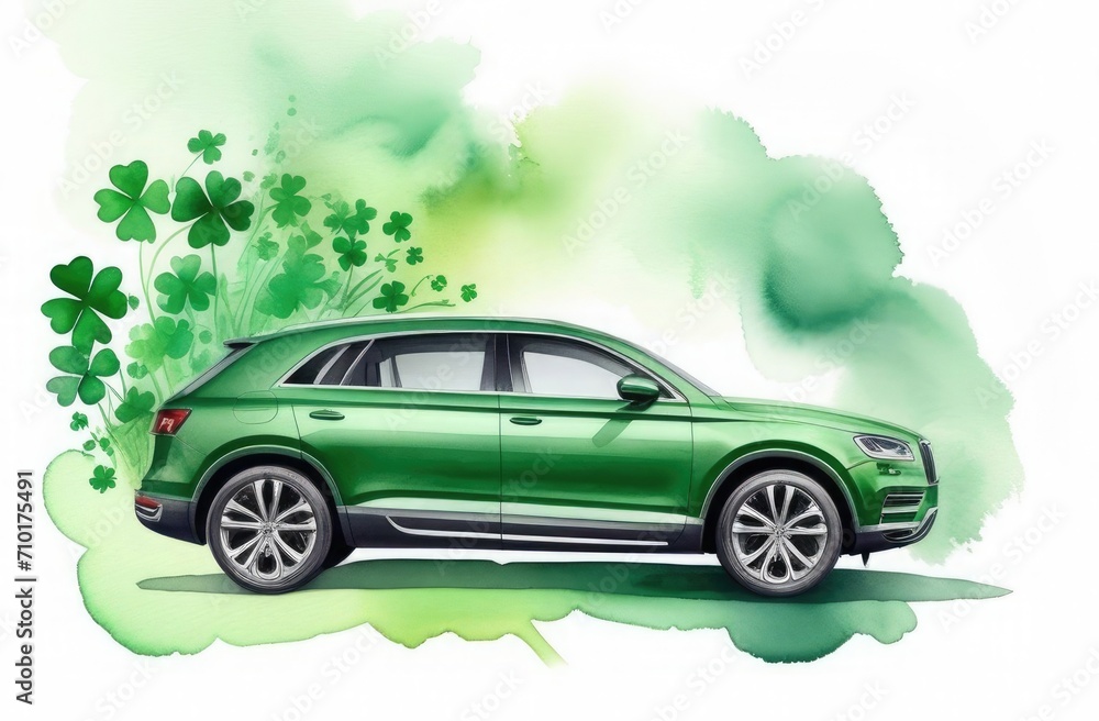 Watercolor green car with clover, free space for text, background illustration for St. Patrick's Day