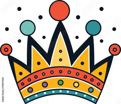 Colorful cartoon crown with jewels and dotted details. Bright royal headpiece illustration. King or queen symbol, majestic and luxury concept vector illustration.