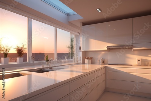 Bright and airy modern white kitchen interior with spectacular sunrise view from skyscraper