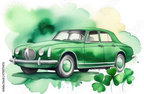 Watercolor car with clover  free space for text  background illustration for St. Patrick s Day