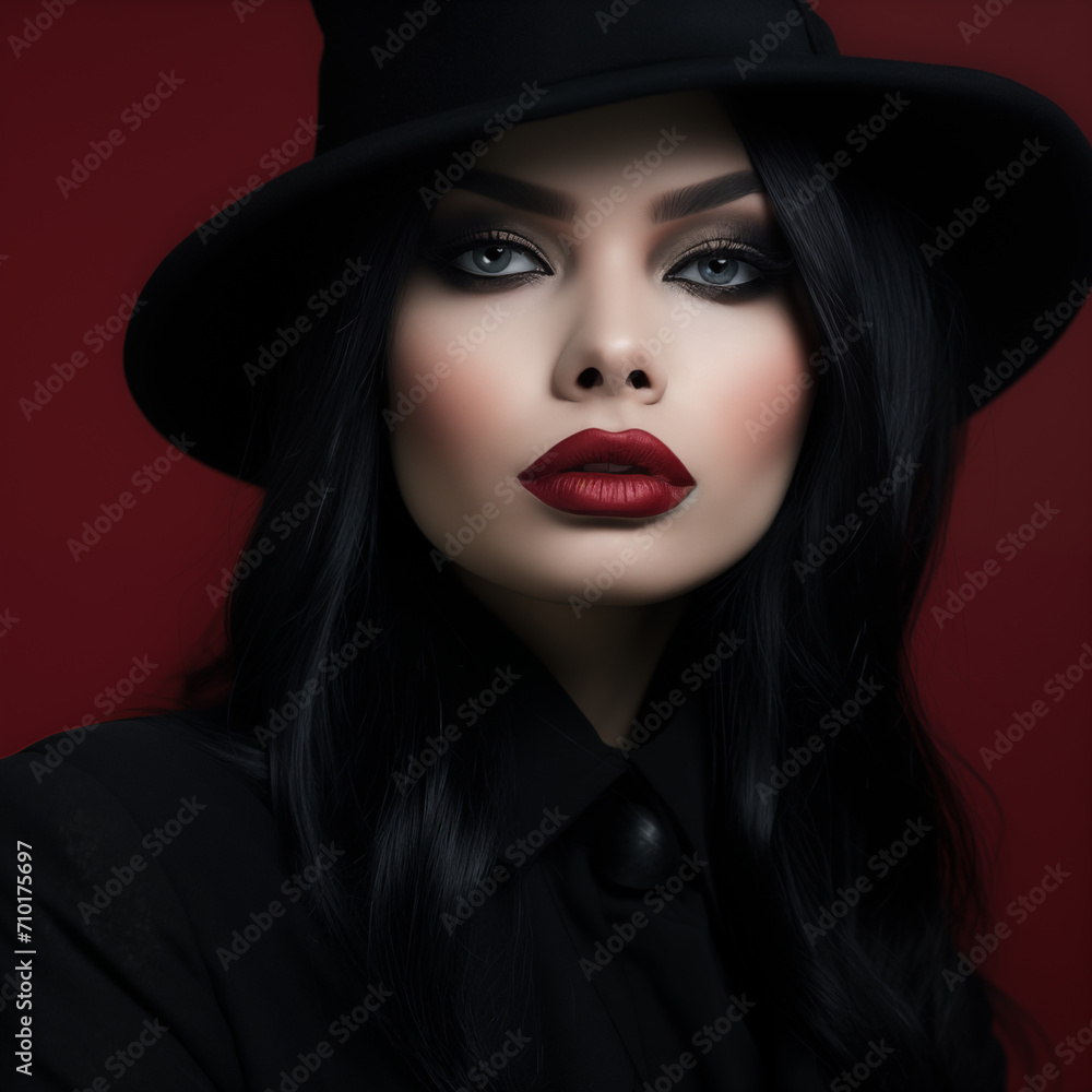 AI generated illustration of a young woman with flowing locks of hair donning a fashionable hat AI generated illustration of a young woman with flowing locks of hair donning a fashionable hat