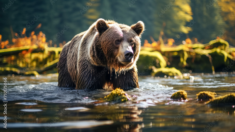 Brown bear on the river in autumn forest. Dangerous animal in nature. 