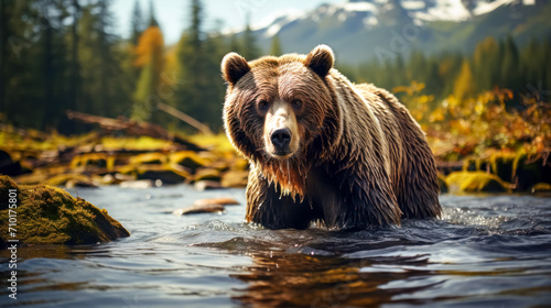 Brown bear swims in the lake in the autumn forest. Wildlife scene from nature