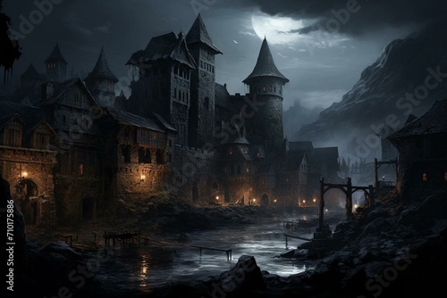 Dark castle and medieval inn in a gloomy, epic and cinematic fantasy painting. Generative AI