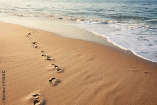 Footprints alongside ocean water, approaching wave, line of footprints in sand. Generative AI photo