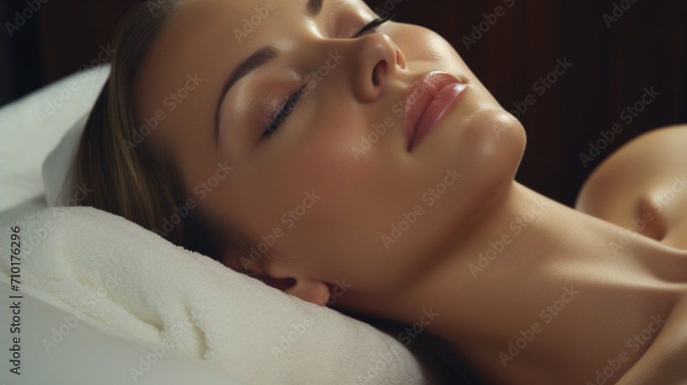 Mujer joven con piel suave tumbada en camilla de spa recibiendo limpieza facial