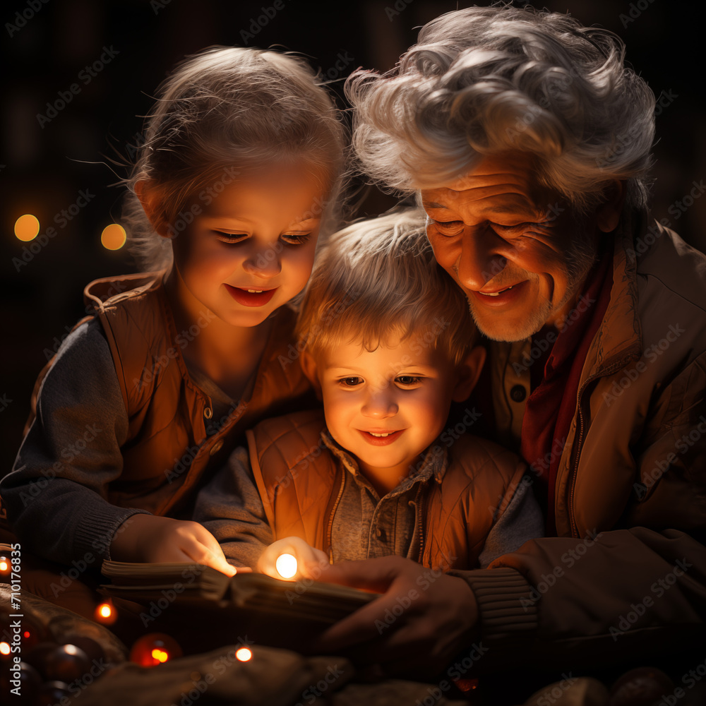 Beautiful grandfather and grandchildren are reading a book in bed at home. Beautiful grandfather and grandchildren are reading a book in bed at home.