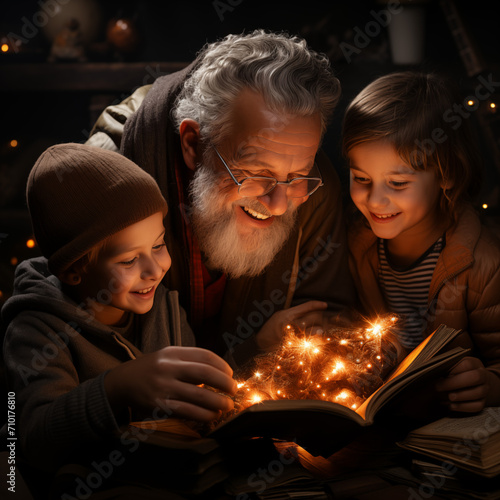 Beautiful grandfather and grandchildren are reading a book in bed at home.