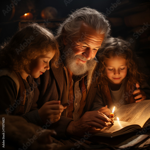 Beautiful grandfather and grandchildren are reading a book in bed at home. photo