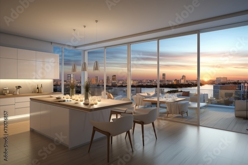 Stunning white kitchen with skyline sunrise view from spacious skyscraper interiors