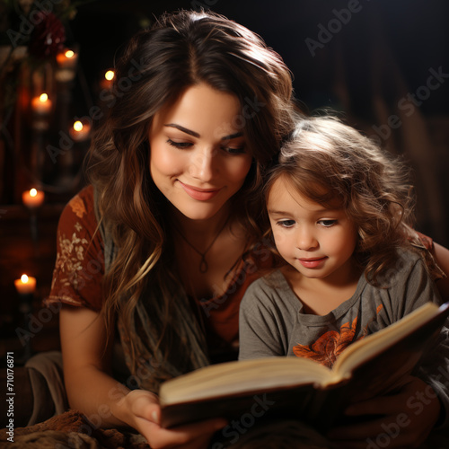 Beautiful mother and son are reading a book in bed at home.