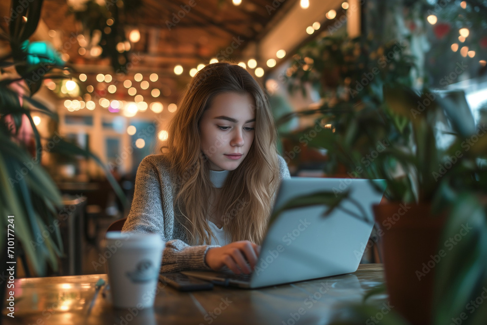 A young girl sits at her laptop writing a message in a cozy cafe against a backdrop of blurry evening lights. A young girl sits at her laptop writing a message in a cozy cafe against a backdrop of blurry evening lights.