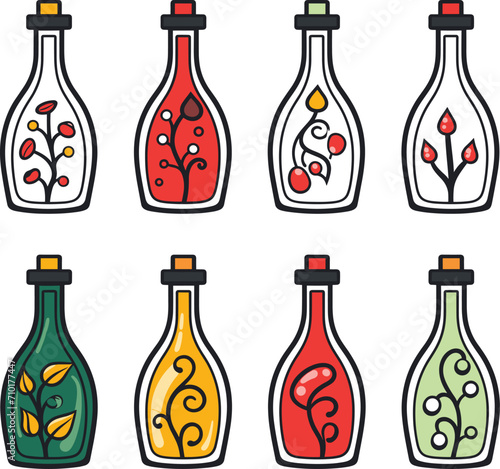 Set of eight colorful potion bottles with various ingredients and magic liquids. Assorted magical essences concept. Alchemy or apothecary elixirs vector illustration.
