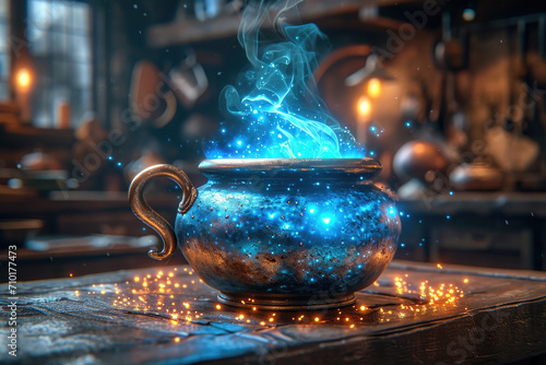 Magical blue glowing potion in wizards workshop photo