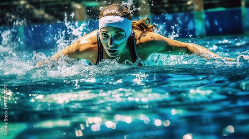 sprint swimming freestyle swimming olympic freestyle competition water sport sprint pool woman exercising sport athlete blue recreational pursuit swimming pool water sports race people. photo