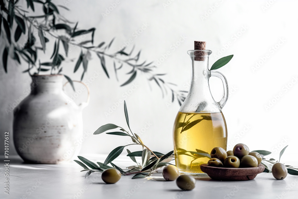 Olives, olive oil and leaves. Generative AI. Olives, olive oil and leaves. Generative AI.