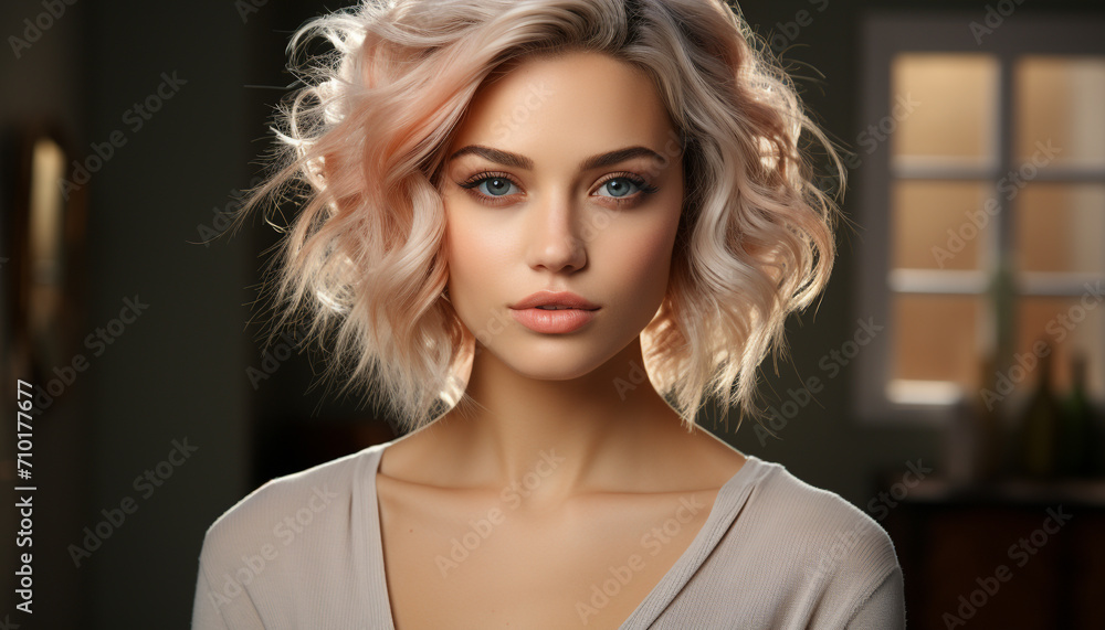 Beautiful blond woman with blue eyes, looking at camera generated by AI