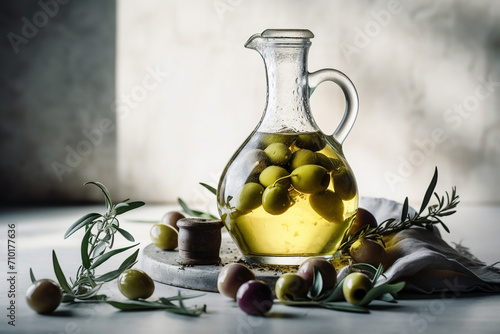 Olives, olive oil and leaves. Generative AI.