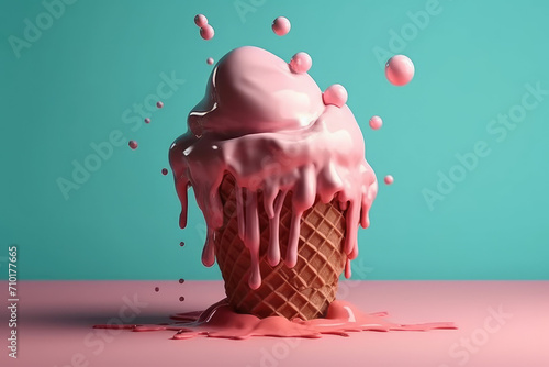 Artistic pink melting ice cream cone photo