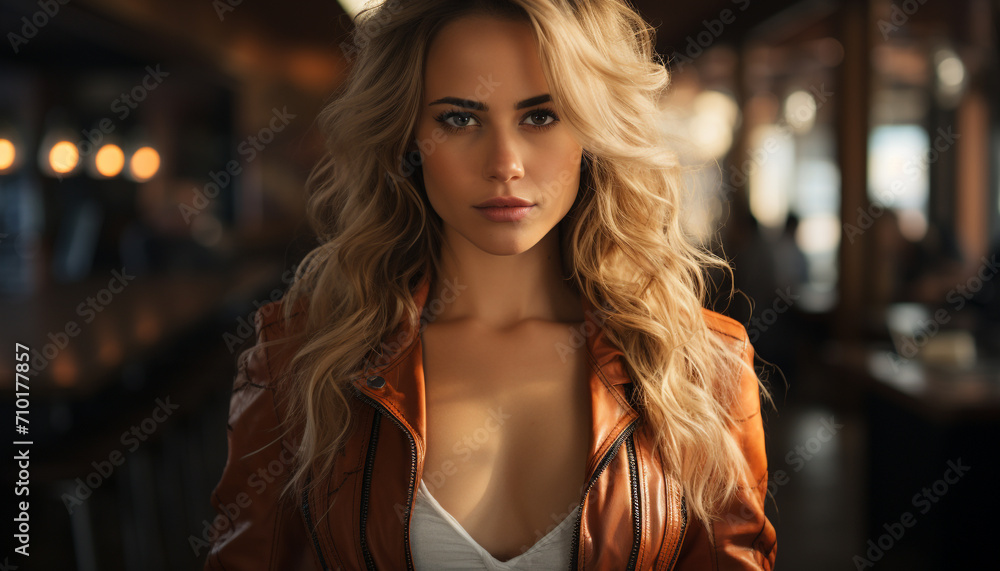 Young woman with blond hair, looking at camera generated by AI