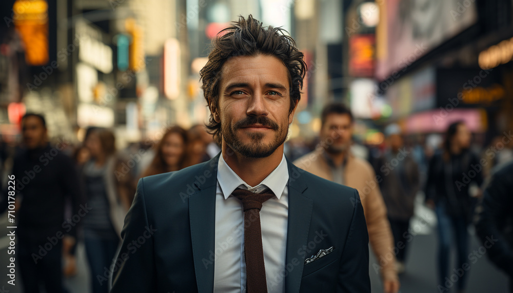 Confident businessman walking in the city, smiling generated by AI Confident businessman walking in the city, smiling generated by AI