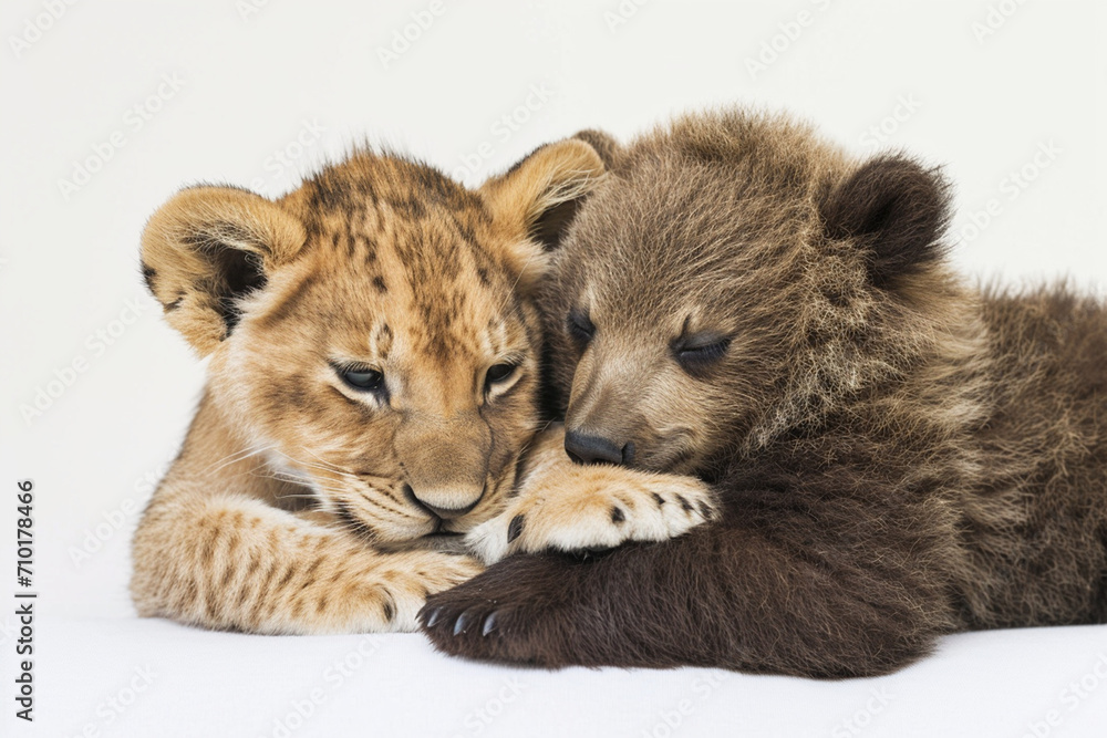 寄り添って眠るライオンの子供と子熊(背景無し,白背景)