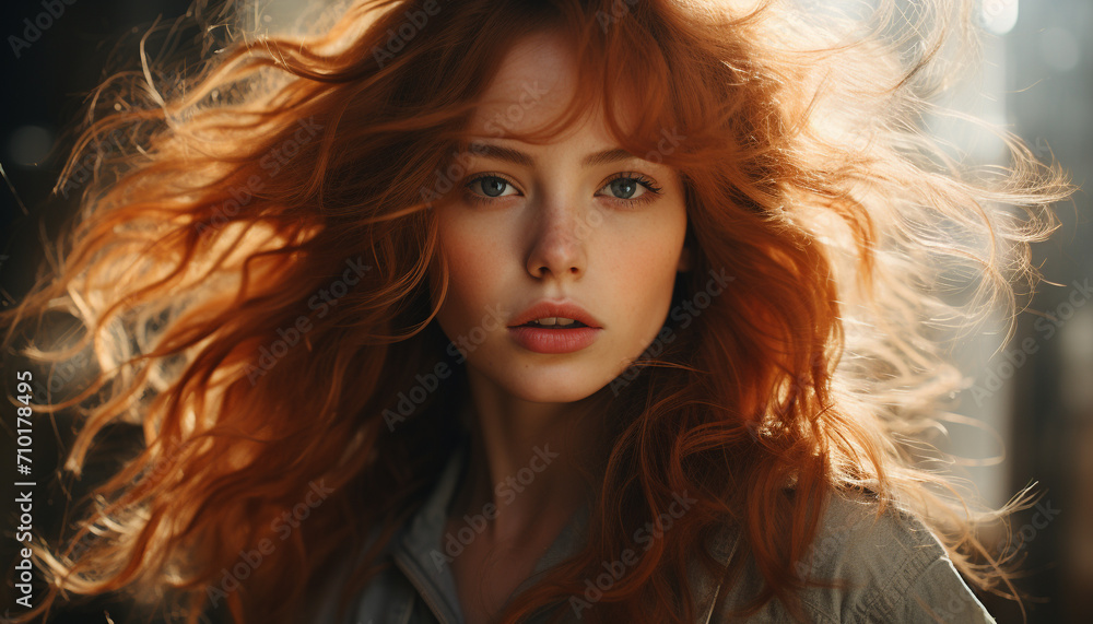Fototapeta premium Young woman with long brown hair, looking at camera generated by AI