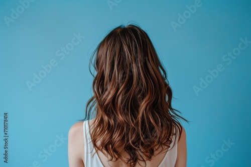 Rear view photo of woman's hairstyle over blue background.
