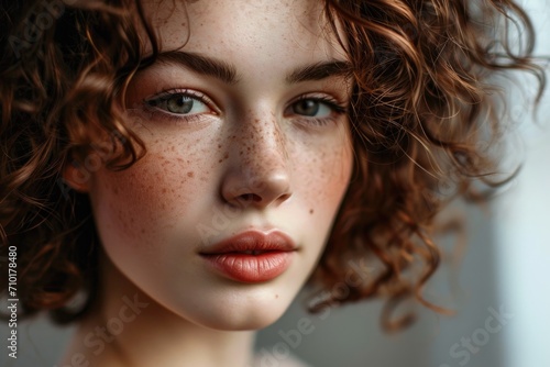 Beautiful woman with stylish short curly hair and freckles.