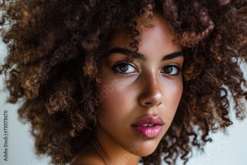 Glamorous portrait of mixed race woman with afro hairstyle.