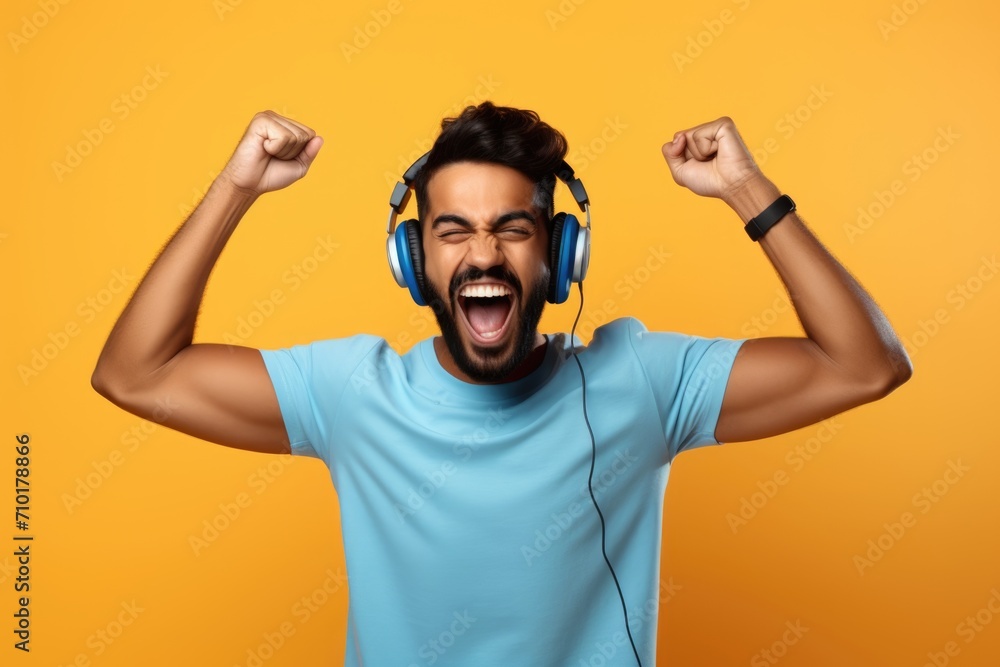 Happy young Indian man dancing and enjoying music. Happy young Indian man dancing and enjoying music.