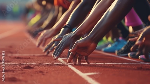 Ground, hands and people ready for a race, running competition or training at a stadium. Fitness, sports and athlete runners in a line to start a sprint, photo