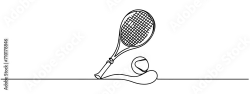 Continuous one line drawing tennis racket and ball equipment for competition play game. Sport tennis tournament and championship posters. Healthy activity. Single line draw design vector illustration