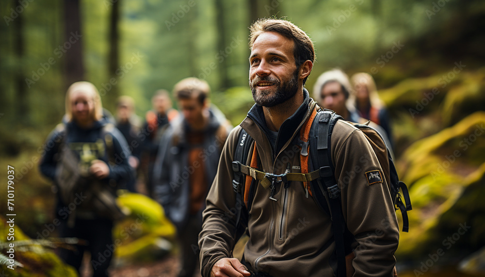 Group of men smiling, hiking in nature generated by AI - obrazy, fototapety, plakaty 
