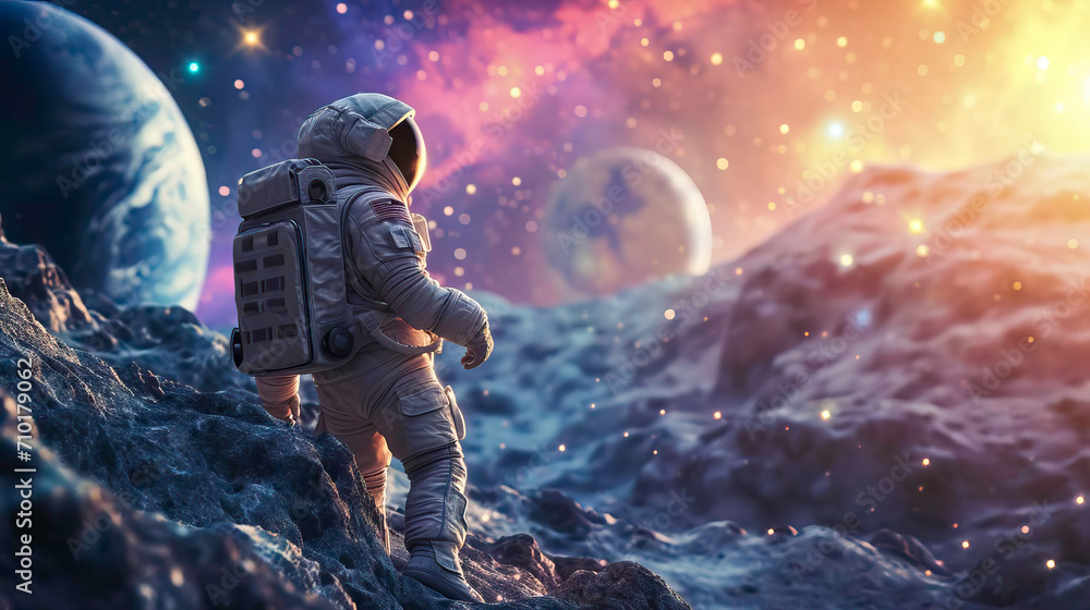 An Astronaut Exploring a Rocky Surface in the Vastness of Space An Astronaut Exploring a Rocky Surface in the Vastness of Space