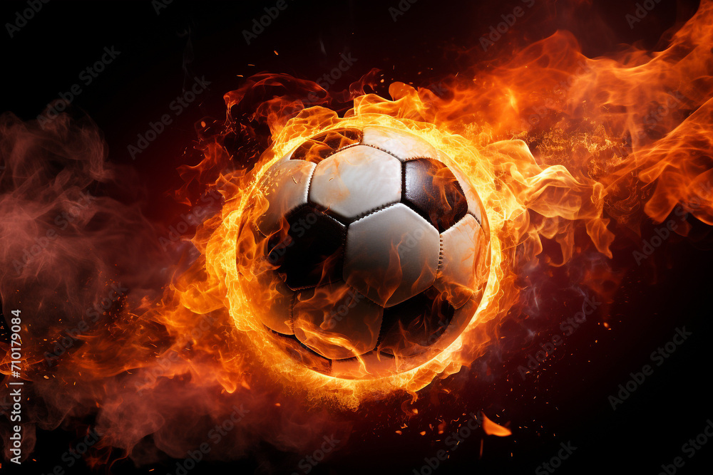 Exhilarating Soccer Ball in the Air. Fiery Football in the air. Sports concept. High quality photo