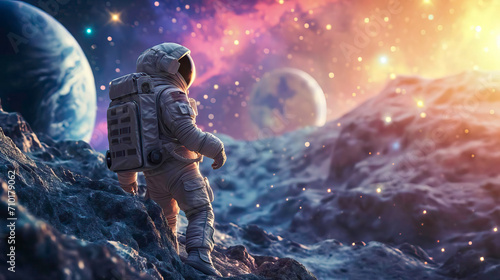 An Astronaut Exploring a Rocky Surface in the Vastness of Space