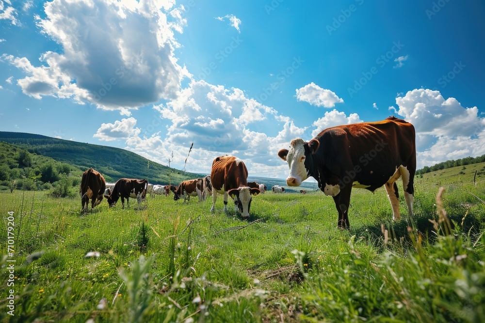 Colorful cows grazing under clear sky Colorful cows grazing under clear sky