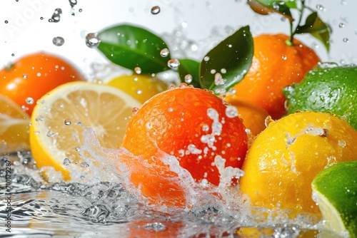 Fresh citrus fruits and splashing water on white background.