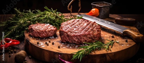 Homemade farmers  beef burgers with spices and herbs cooked on a chopping board and frying pan with a meat hatchet.