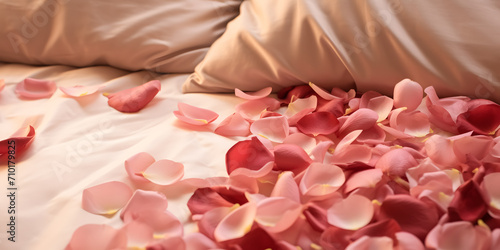 rose petals on a bed symbolizing the passion of valentine's day