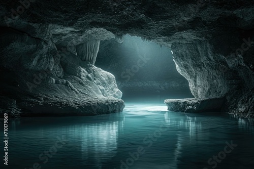 Mystical Underground Cave with Serene Water Reflection, Nature Exploration Concept