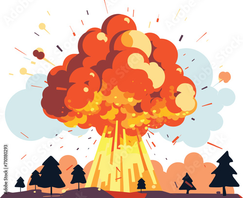 Giant explosion with mushroom cloud in the forest. Catastrophic event, nature vs manmade disaster. Apocalyptic scenario, fiery blast vector illustration.