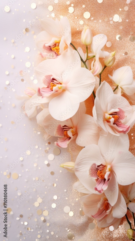 Peach white orchids bouquet on light background with glitter and bokeh. Banner with copy space. Perfect for poster, greeting card, event invitation, promotion, advertising, elegant design. Vertical. Peach white orchids bouquet on light background with glitter and bokeh. Banner with copy space. Perfect for poster, greeting card, event invitation, promotion, advertising, elegant design. Vertical.