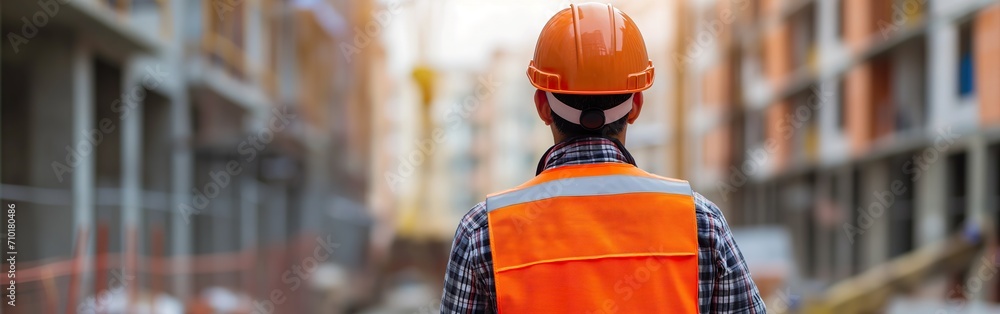 The supervisor of a masonry project observes the building, with his back turned. The supervisor of a masonry project observes the building, with his back turned.